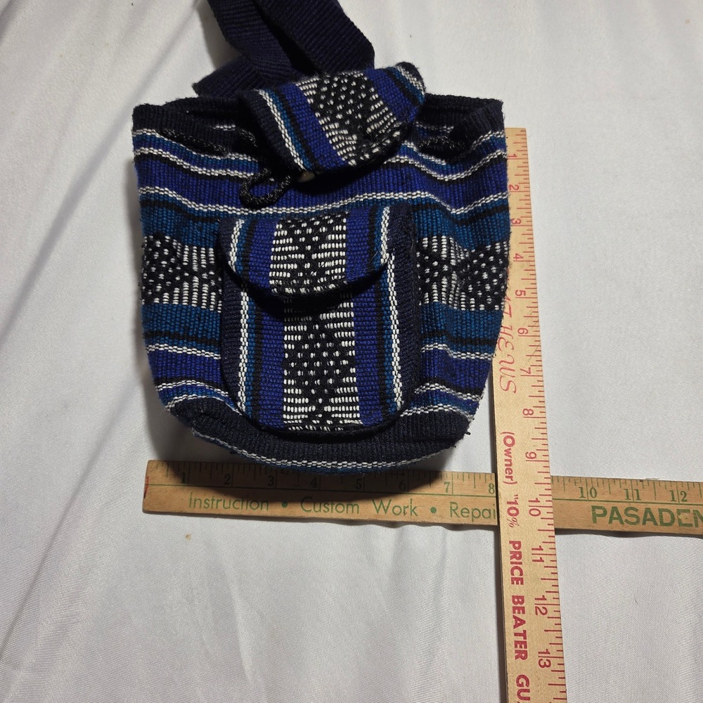 Boho Handwoven Mini Backpack Blue Striped Woven Festival Small Rucksack Bag - Picture 8 of 8